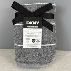 DKNY Eco-Melange 2 Pc Gray Hand Towels White Accent Super Soft Cotton NEW